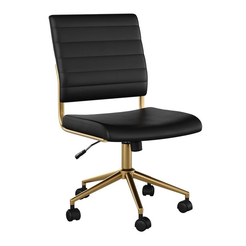 Martha Stewart Ivy Armless Swivel Task Chair for Home Office in Black Faux Leather with Polished Brass Frame