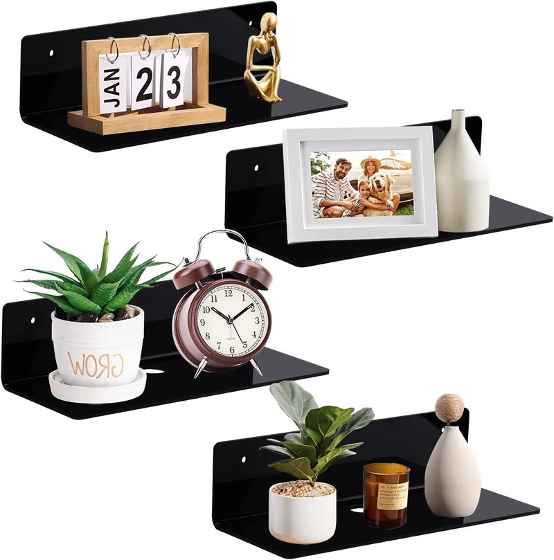 luium 9 Inch Acrylic Floating Shelf No Drill Adhesive Wall Shelf Set of 4 for Funko Pop Storage, Floating Shelves Damage-Free Expand Wall Space for Living Room, Bathroom, Gaming Room, Office - Black - Image 1