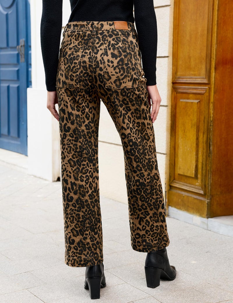 luvamia Wide Leg Jeans Woman Trendy High Waisted Leopard Cheetah Print Ankle Length Stretchy Denim Pants with Pockets Bronze Leopard Size Medium US Size 8 10 - Image 4
