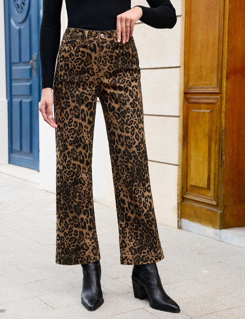 luvamia Wide Leg Jeans Woman Trendy High Waisted Leopard Cheetah Print Ankle Length Stretchy Denim Pants with Pockets Bronze Leopard Size Medium US Size 8 10 - Image 3