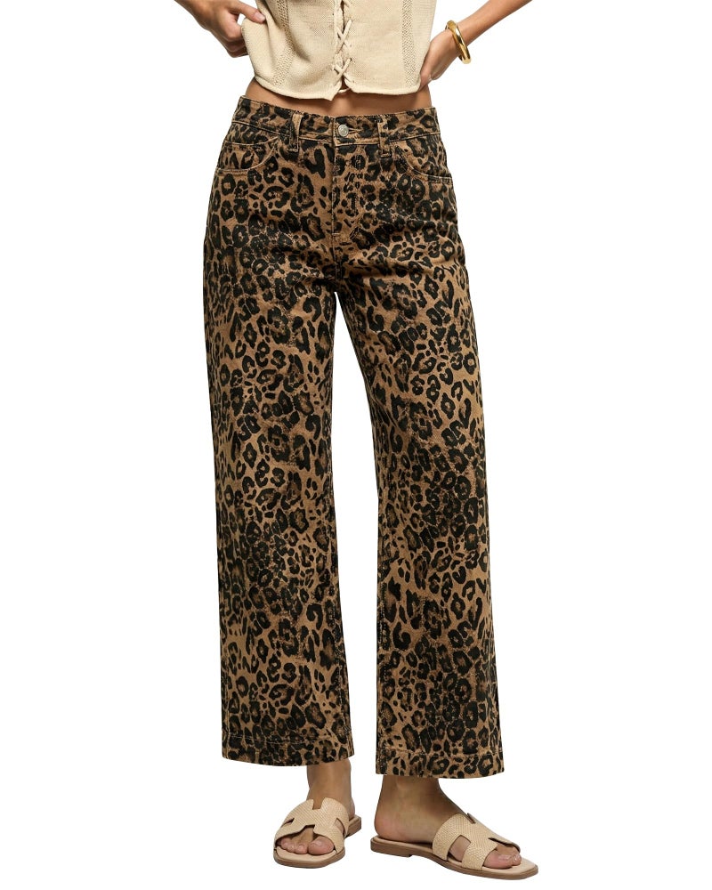 luvamia Wide Leg Jeans Woman Trendy High Waisted Leopard Cheetah Print Ankle Length Stretchy Denim Pants with Pockets Bronze Leopard Size Medium US Size 8 10 - Image 1