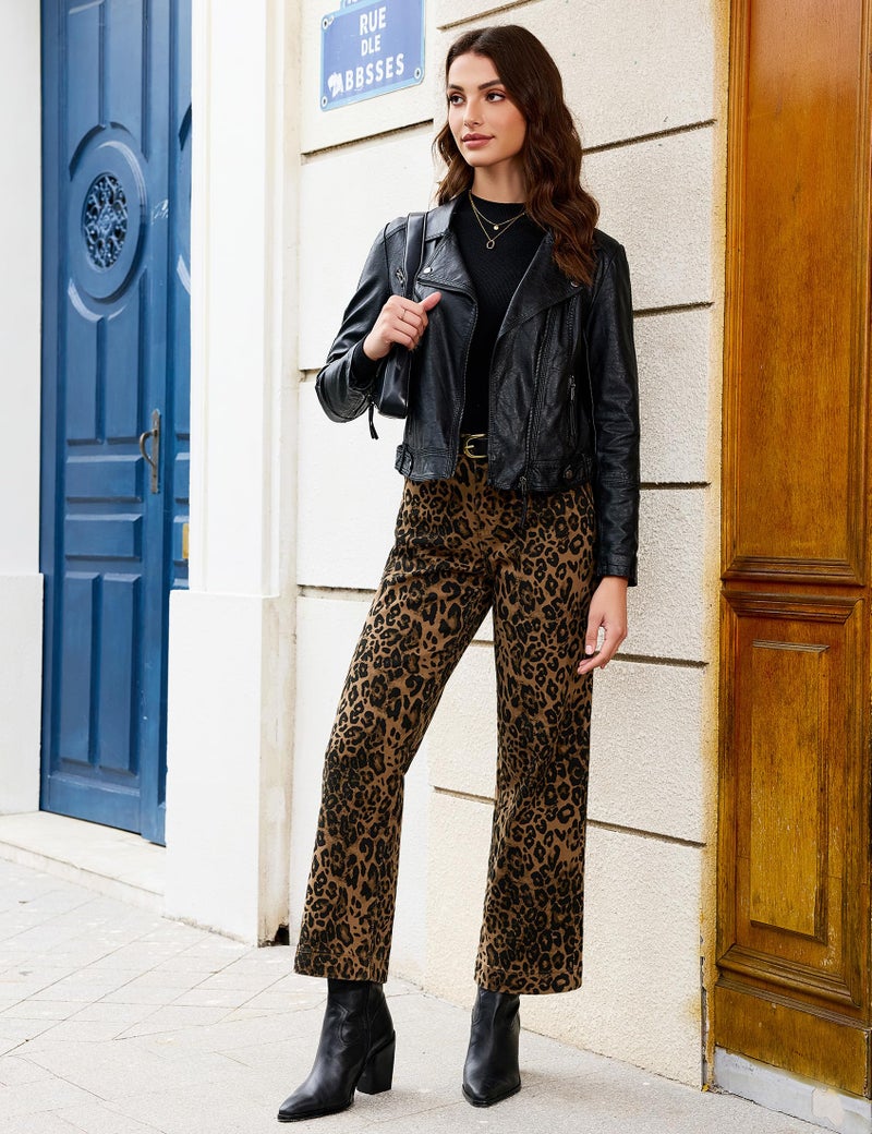 luvamia Wide Leg Jeans Woman Trendy High Waisted Leopard Cheetah Print Ankle Length Stretchy Denim Pants with Pockets Bronze Leopard Size Medium US Size 8 10 - Image 5