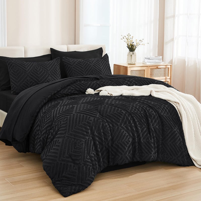 Andency Queen Comforter Set 7 Piece Black  Bed in a Bag Queen Boho Lightweight Fluffy Tufted Bedding Sets with Comforter Sheets Pillowcases  Shams