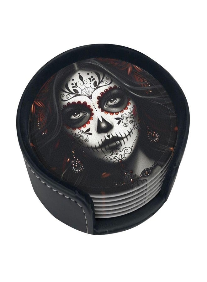 KKRMTUG Sugar Skull Coasters with Holder Leather Coasters for Drinks Set of 6 Funny Halloween Drink Coasters Sets for Living Room Kitchen Coffee Bar Holiday Decor - Image 2