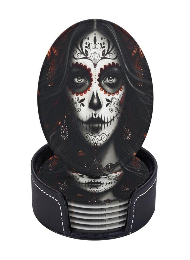 KKRMTUG Sugar Skull Coasters with Holder Leather Coasters for Drinks Set of 6 Funny Halloween Drink Coasters Sets for Living Room Kitchen Coffee Bar Holiday Decor - Image 1