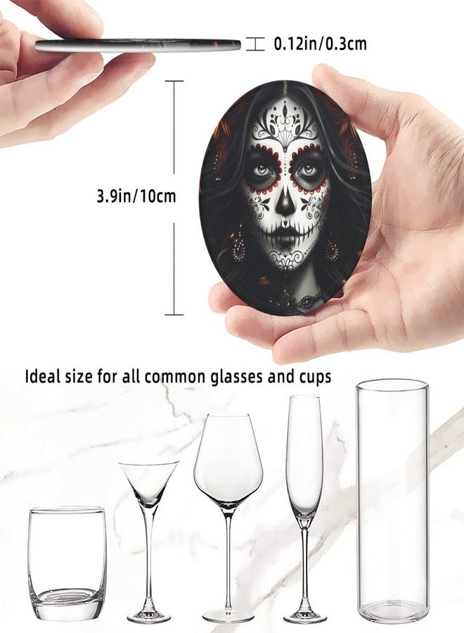 KKRMTUG Sugar Skull Coasters with Holder Leather Coasters for Drinks Set of 6 Funny Halloween Drink Coasters Sets for Living Room Kitchen Coffee Bar Holiday Decor - Image 4