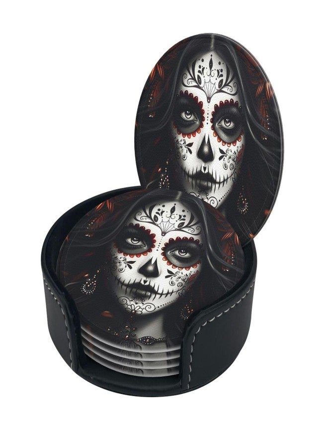 KKRMTUG Sugar Skull Coasters with Holder Leather Coasters for Drinks Set of 6 Funny Halloween Drink Coasters Sets for Living Room Kitchen Coffee Bar Holiday Decor - Image 3