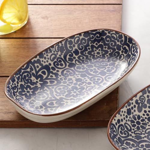 miah decor Blue Printed Round Rectangular Snack Platter – Ceramic Serving Tray for Snacks, Appetizers, Desserts & More – Elegant Decorative Plate for Home & Gifting - Image 1