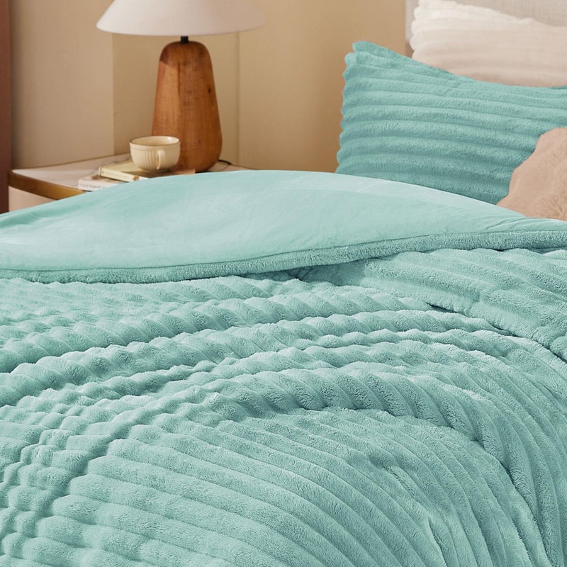 BEDELITE Fleece Queen Comforter Set -Super Soft & Warm Fluffy Haze Blue Bedding, Luxury Fuzzy Heavy Bed Set for Winter with 2 Pillow Cases - Image 2