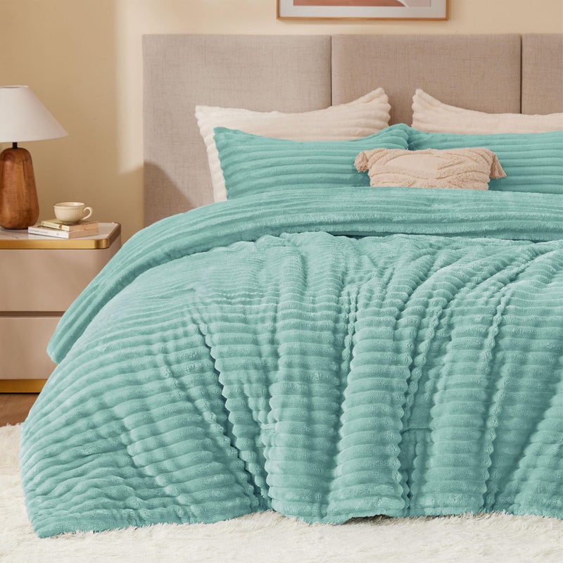 BEDELITE Fleece Queen Comforter Set -Super Soft & Warm Fluffy Haze Blue Bedding, Luxury Fuzzy Heavy Bed Set for Winter with 2 Pillow Cases - Image 1
