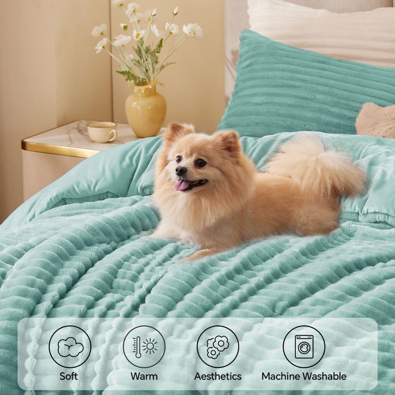 BEDELITE Fleece Queen Comforter Set -Super Soft & Warm Fluffy Haze Blue Bedding, Luxury Fuzzy Heavy Bed Set for Winter with 2 Pillow Cases - Image 3