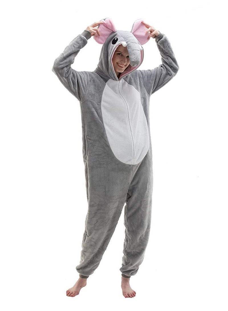 Snug Fit Unisex Adult Onesie Pajamas,  Cosplay Animal One Piece grey elephant Costume Sleepwear Homewear  - Image 1