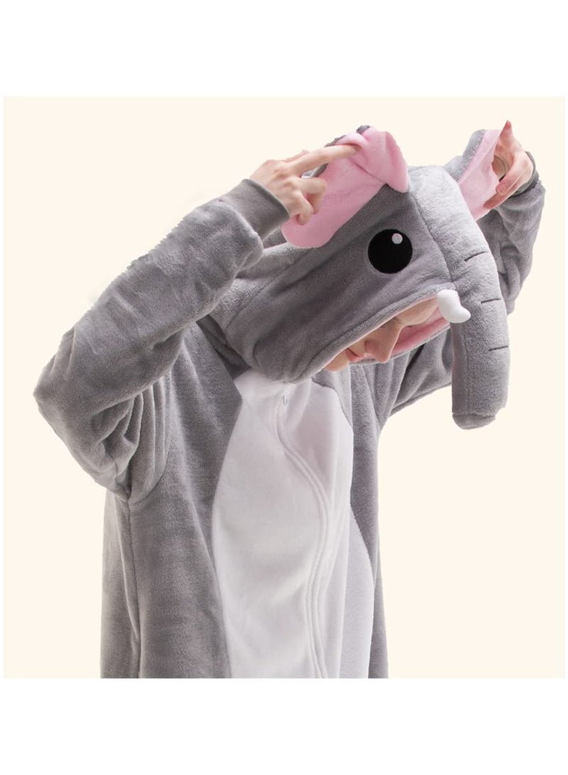 Snug Fit Unisex Adult Onesie Pajamas,  Cosplay Animal One Piece grey elephant Costume Sleepwear Homewear  - Image 3