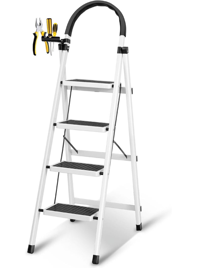 Rock Pow Foldable Ladder 4 Steps Home Ladder Folding Step Stool with Wide Anti-Slip Pedal Adults Folding Sturdy Steel Ladder for Home Kitchen Garden Office  - Image 1