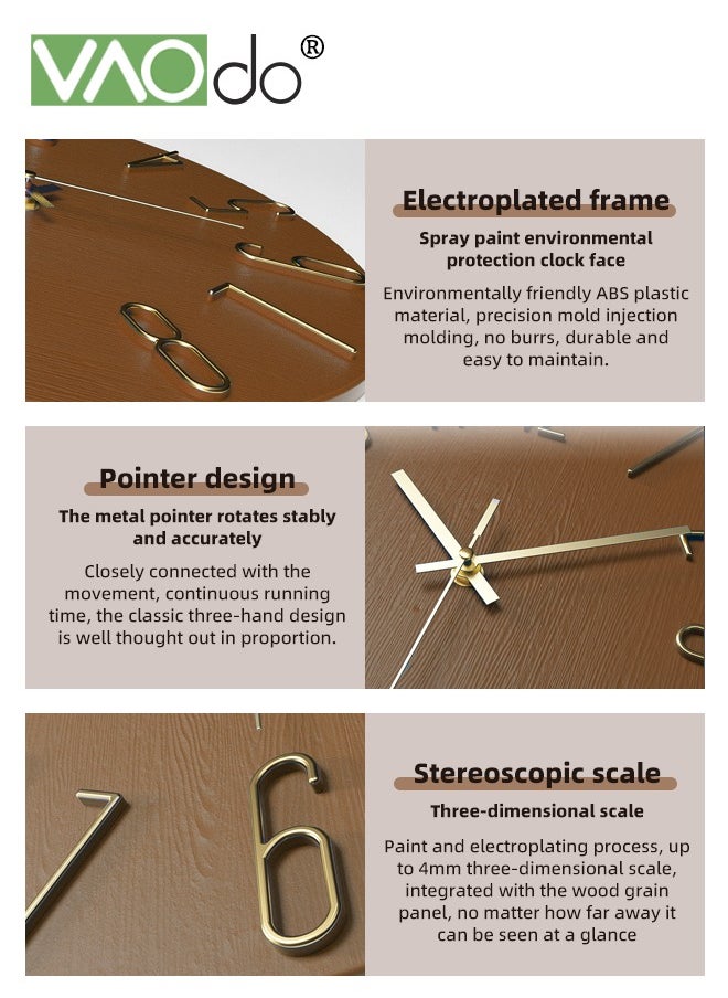 Wall Clock 12inch Silent Non-Ticking Modern Style Wooden Wall Clocks Decorative for Office Home Bedroom School Brown