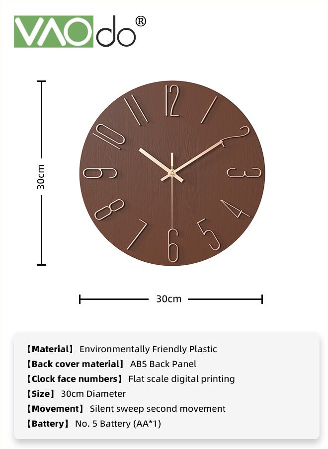 VAOdo Wall Clock 12inch Silent Non-Ticking Modern Style Wooden Wall Clocks Decorative for Office Home Bedroom School Brown  - Image 3