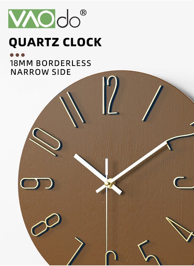 Wall Clock 12inch Silent Non-Ticking Modern Style Wooden Wall Clocks Decorative for Office Home Bedroom School Brown
