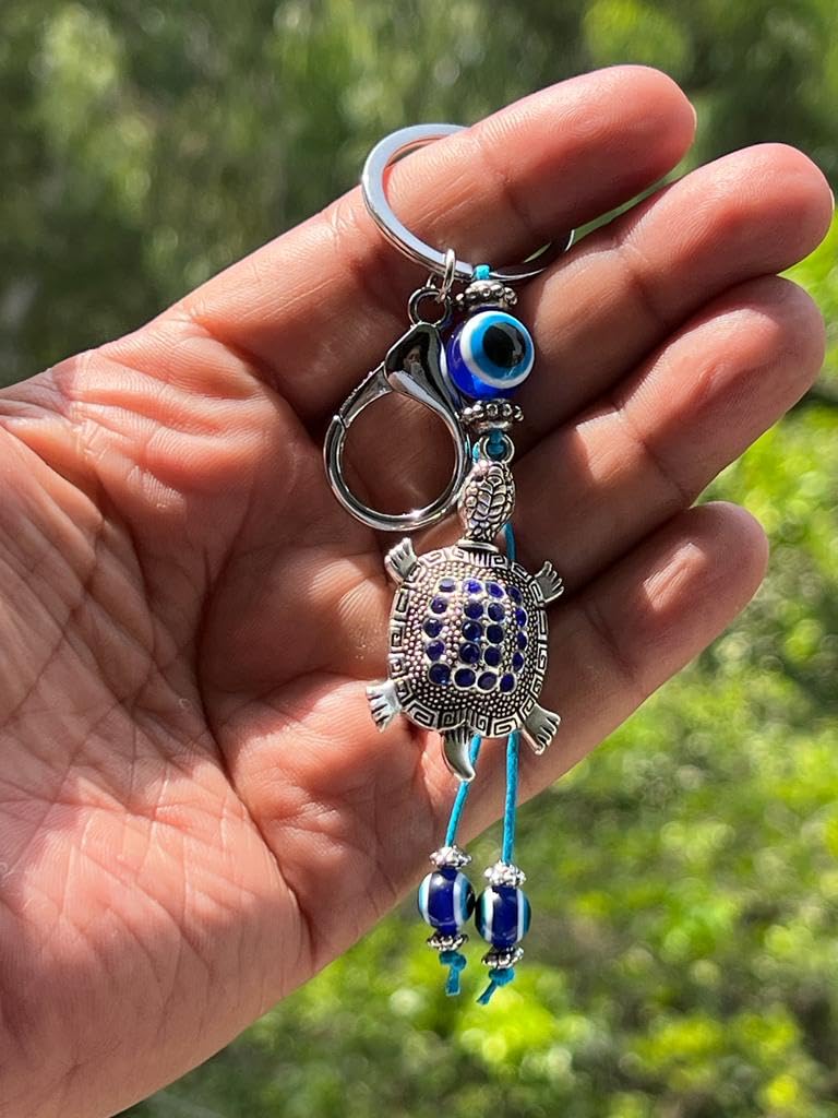 BLUE BEADS Silver Color Blue Evil Eye With Lucky Turtule/Tortoise Keychain For Bike/Car Gifting With Key Ring Anti-Rust - Image 4