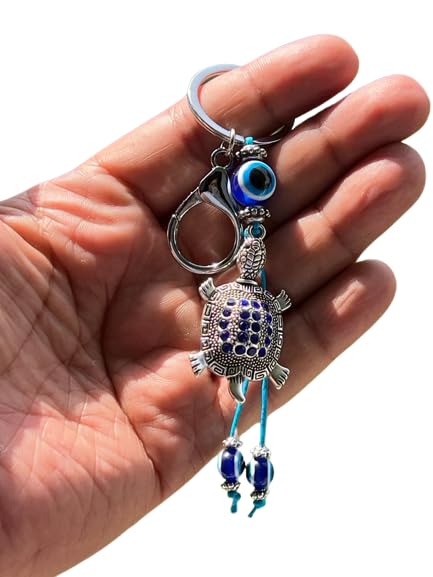 BLUE BEADS Silver Color Blue Evil Eye With Lucky Turtule/Tortoise Keychain For Bike/Car Gifting With Key Ring Anti-Rust - Image 1