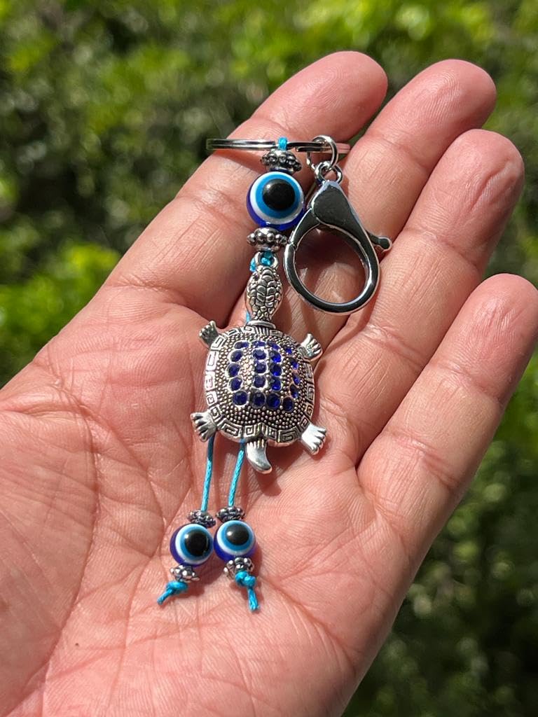 BLUE BEADS Silver Color Blue Evil Eye With Lucky Turtule/Tortoise Keychain For Bike/Car Gifting With Key Ring Anti-Rust - Image 3