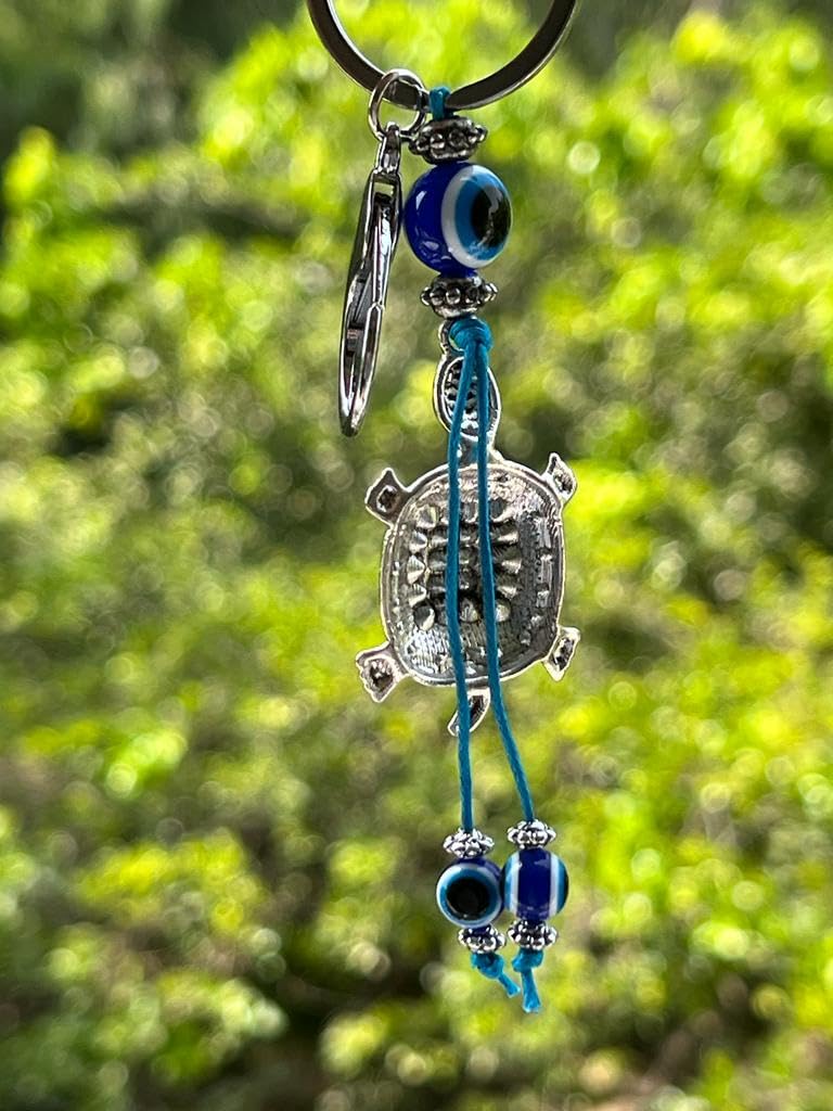 BLUE BEADS Silver Color Blue Evil Eye With Lucky Turtule/Tortoise Keychain For Bike/Car Gifting With Key Ring Anti-Rust - Image 2