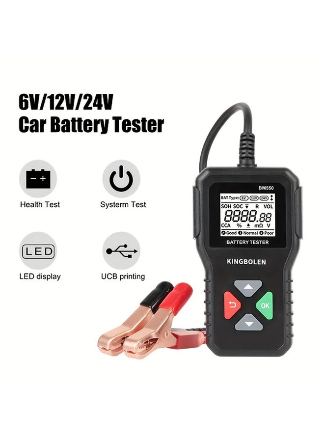 6V 12V 24V جهاز اختبار بطارية السيارة 100-2000CCA أداة كشف وتحليل متعددة الجهد مع شاشة LED لاختبار الصحة والنظام، مشابك مجسات أحمر وأسود، تصميم PVC متين، الموديل BM550 - Image 1