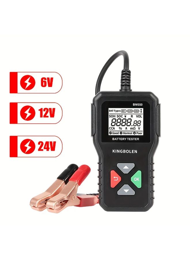 6V 12V 24V جهاز اختبار بطارية السيارة 100-2000CCA أداة كشف وتحليل متعددة الجهد مع شاشة LED لاختبار الصحة والنظام، مشابك مجسات أحمر وأسود، تصميم PVC متين، الموديل BM550 - Image 5