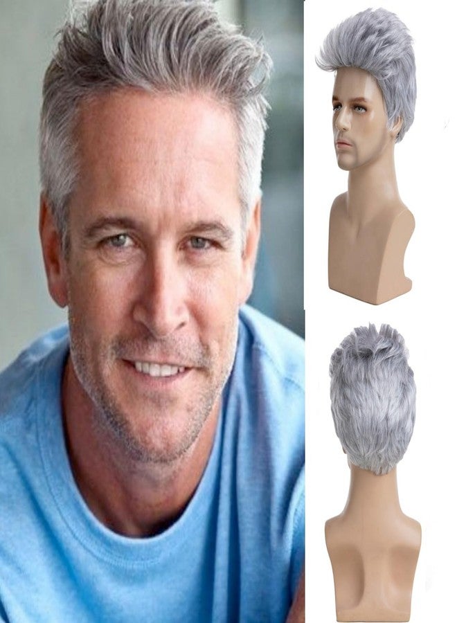 Wiwige Mens Wig Short Grey Mixed White Cosplay Hair Natural Synthetic Replacement Wig - Image 1