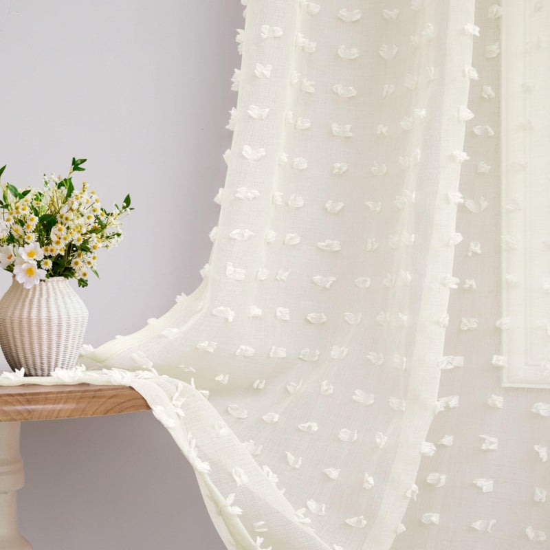 DANCURTON Cream Sheer Curtains for Living Room 84 Inch Length Ivory Pom Pom Boho Sheer Curtains 2 Panels Set Back Tab Country Farmhouse Shabby Chic Semi Sheer Window Drapes for Bedroom Nursery 84 Inches Long - Image 2