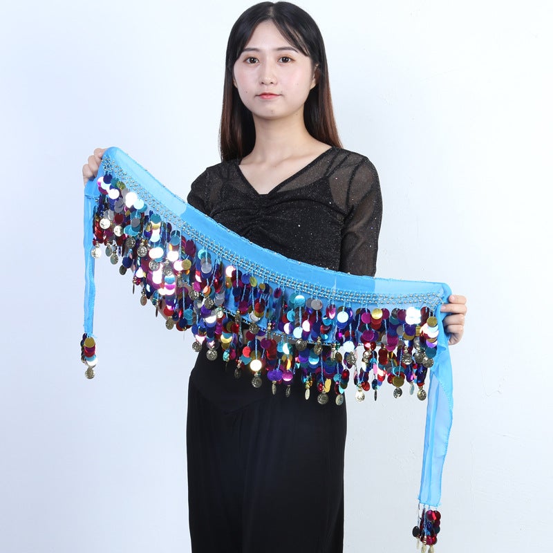 Belly dance waist chain hip towel skirt new Indian dance watch performance waist seal copper gong belt sequined tassel waist towel dance Lake Blue