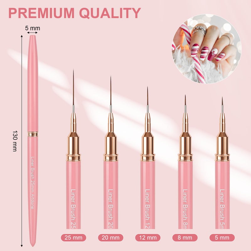 Artdone Metallic Nail Art Pens, Liner Brushes Set, 5PCS Pink Color Nail Tools For Long Lines, Thin Details, Fine Drawing, Liner Brush UV Gel Polish Painting Nail Design Sizes 5/8/12/20/25mm - Image 2