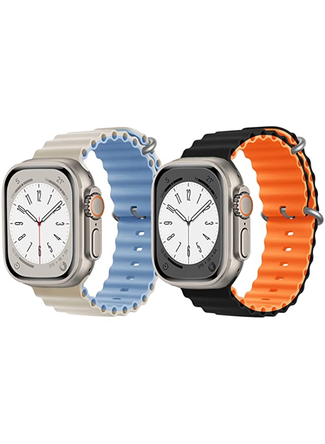 IAF Silicone Ocean Band Strap for Apple Watch Ultra 8 49mm Beige/Sky Blue Double Side Strap with Black/Orange Double Side Strap Set of 2