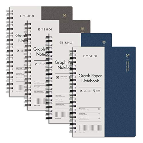 EMSHOI Graph Spiral Notebook 4 Pack, A5 Graph Paper Notebook/Journal, Waterproof PVC Cover, 100GSM Thick Paper, with Free Sticky Notes, 80 Sheets/160 Pages Per Book, 5.7" x 8.22", Coffee Blue - Image 1