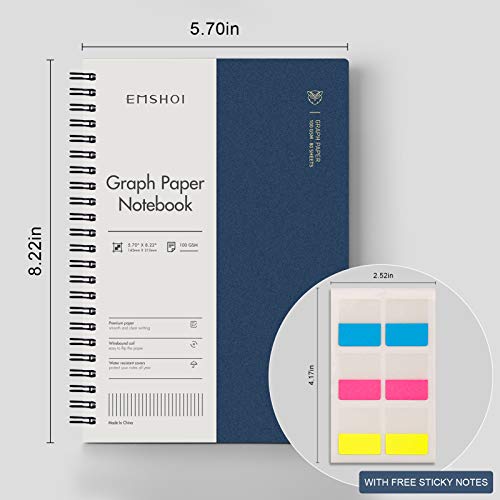 EMSHOI Graph Spiral Notebook 4 Pack, A5 Graph Paper Notebook/Journal, Waterproof PVC Cover, 100GSM Thick Paper, with Free Sticky Notes, 80 Sheets/160 Pages Per Book, 5.7" x 8.22", Coffee Blue - Image 5
