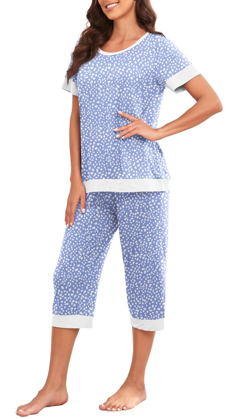 PrinStory Women's Pajama Set Short Sleeve Shirt and Capri Pants Sleepwear Pjs Sets Lounge Set Spot Blue-S - Image 5