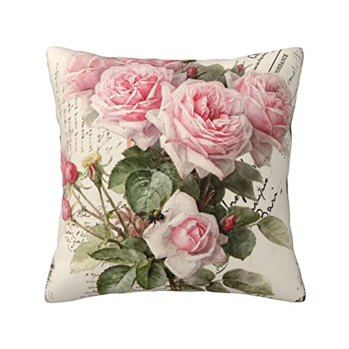 VARUN Pink Blooming Romantic Roses Throw Pillow Covers Vintage Natural Flower Bouquet Art Design Square Pillowcases for Home Decor Sofa Car Bedroom Pillow case 18x18inch