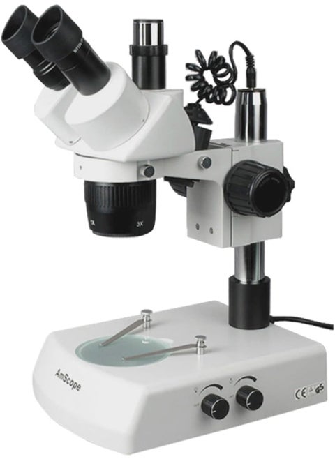 AmScope SW2T13Z Trinocular Stereo Microscope WH10x Eyepieces 10X20X30X60X Magnification 1X3X Objective Upper and Lower Halogen Lighting Pillar Stand 110V120V Includes 20x Barlow Lens