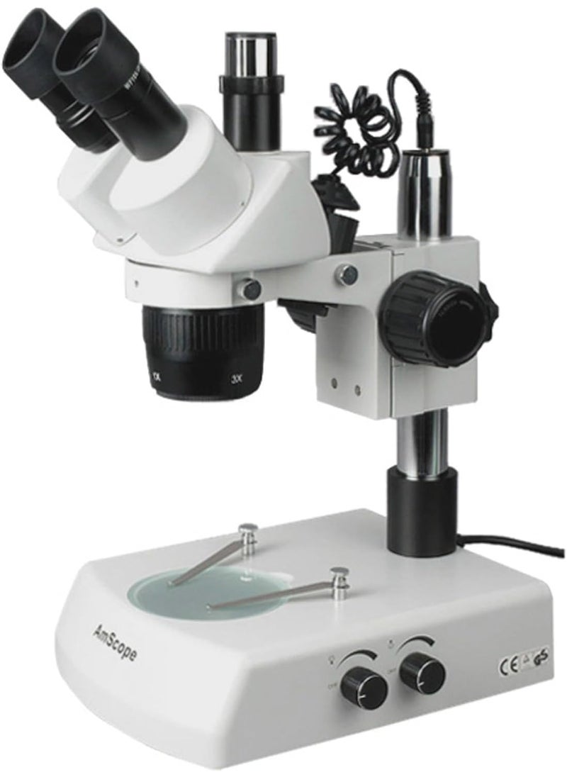 AmScope AmScope SW2T13Z Trinocular Stereo Microscope WH10x Eyepieces 10X20X30X60X Magnification 1X3X Objective Upper and Lower Halogen Lighting Pillar Stand 110V120V Includes 20x Barlow Lens  - Image 1