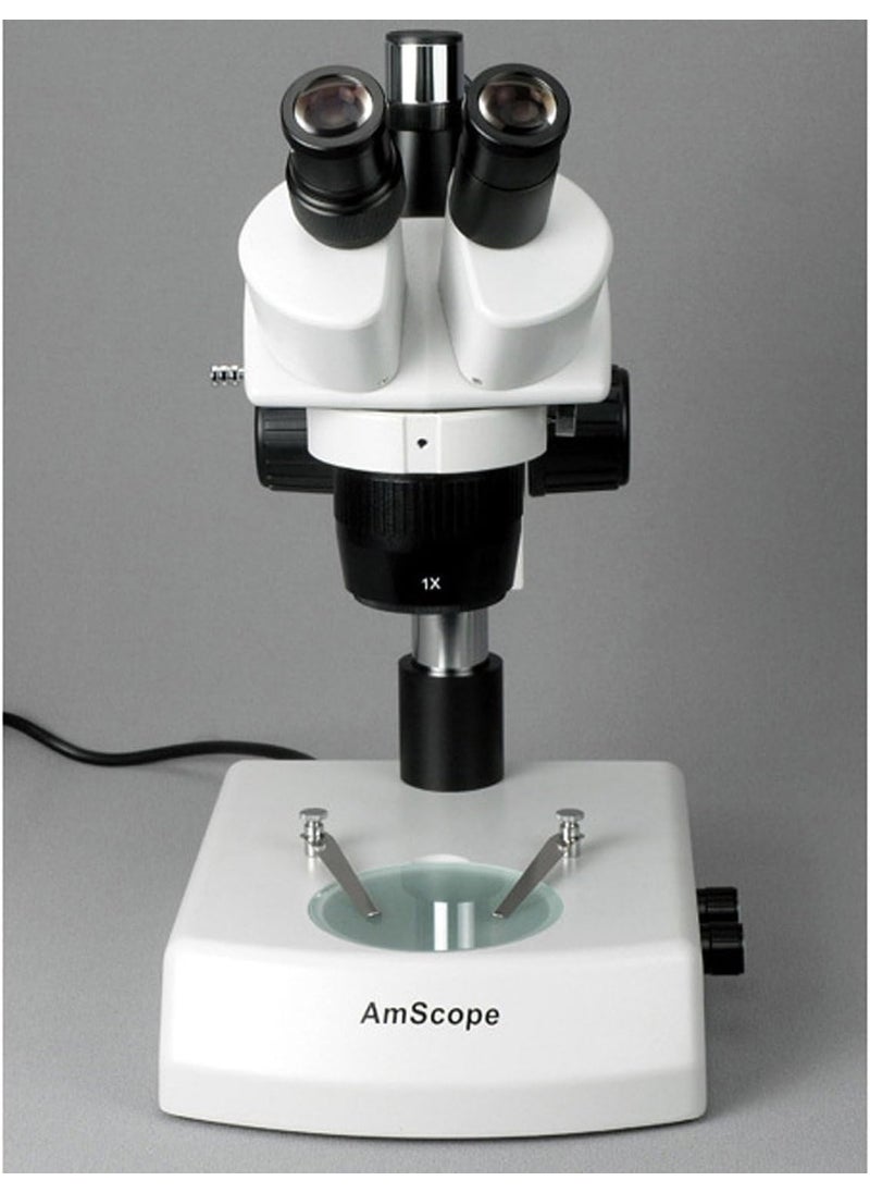AmScope AmScope SW2T13Z Trinocular Stereo Microscope WH10x Eyepieces 10X20X30X60X Magnification 1X3X Objective Upper and Lower Halogen Lighting Pillar Stand 110V120V Includes 20x Barlow Lens  - Image 4