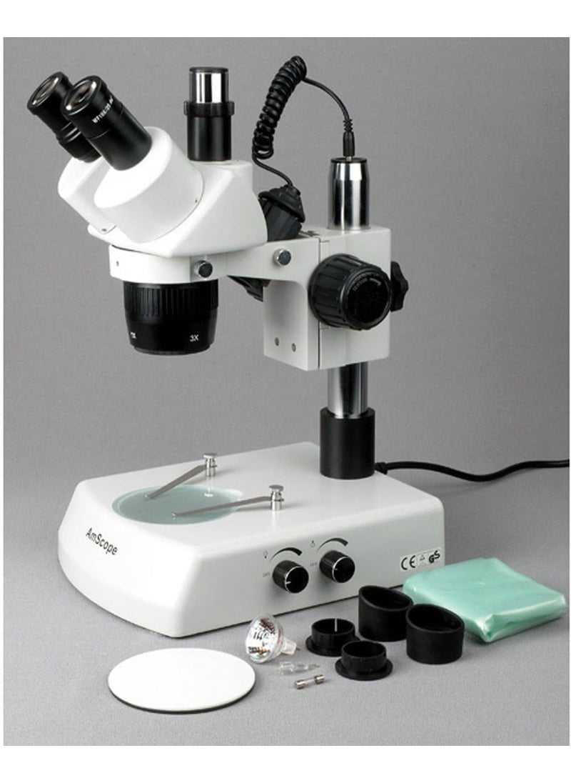 AmScope AmScope SW2T13Z Trinocular Stereo Microscope WH10x Eyepieces 10X20X30X60X Magnification 1X3X Objective Upper and Lower Halogen Lighting Pillar Stand 110V120V Includes 20x Barlow Lens  - Image 3
