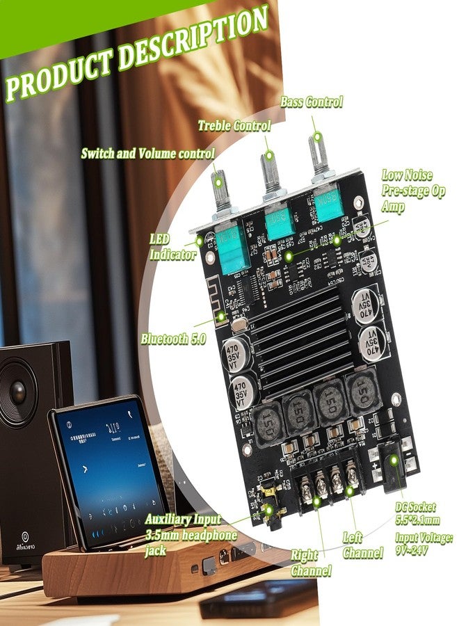 EPLZON 100W+100W Bluetooth Amplifier Board with Treble and Bass Control TPA3116D2 Chips DC 9-24V BT and AUX Inputs 2.0 Channel Stereo AMP Board for DIY Wireless Speakers Password Free(ZK-1002T) - Image 3