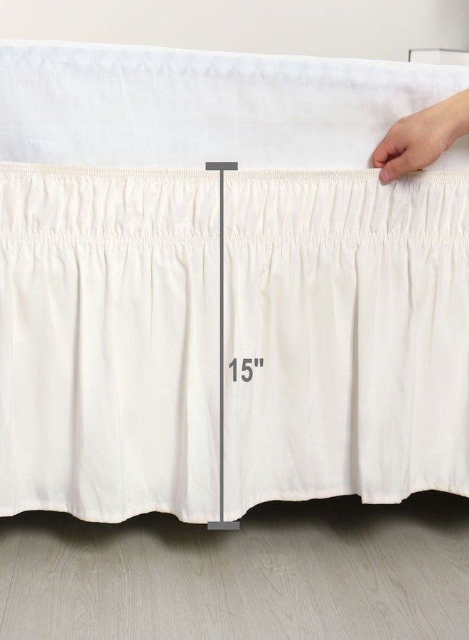 PiccoCasa Bed Skirt Wrap Around Bedskirt Three Fabric Sides Elastic Dust Ruffle, Easy Fit - with 15 Inch Drop Queen Beige - Image 3