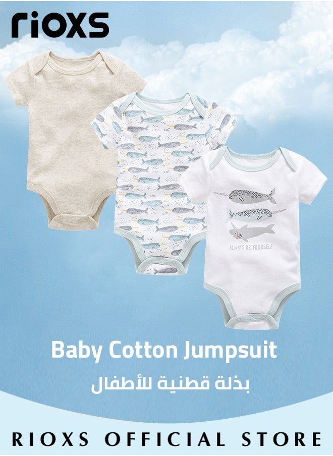 RIOXS 3Pcs Baby Boys Girls Onepiece Romper Sets Soft Breathable Summer Baby Bodysuit Half Sleeves Romper Sleep Suit Sets for Baby  - Image 2