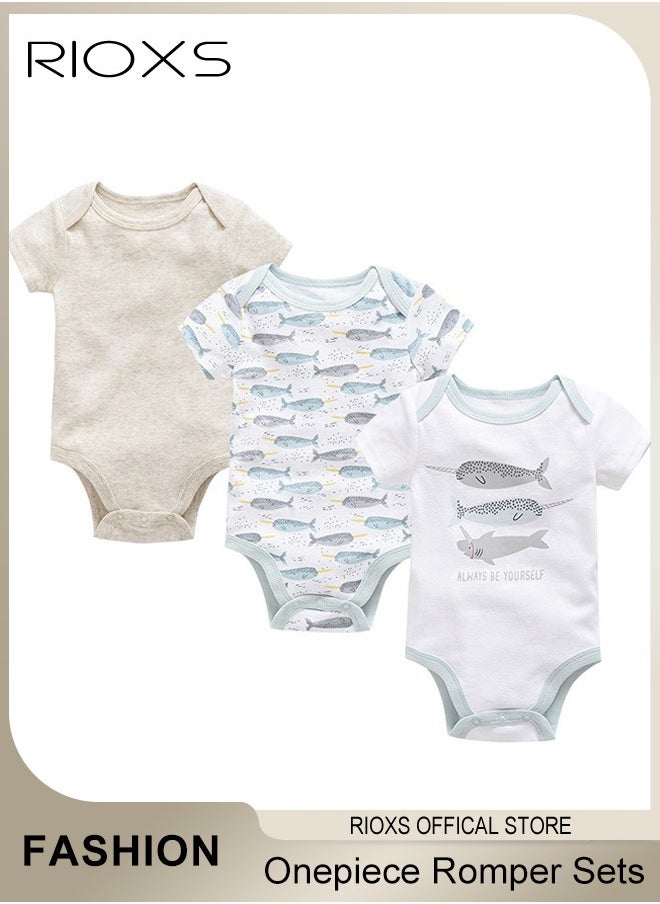 RIOXS 3Pcs Baby Boys Girls Onepiece Romper Sets Soft Breathable Summer Baby Bodysuit Half Sleeves Romper Sleep Suit Sets for Baby  - Image 1