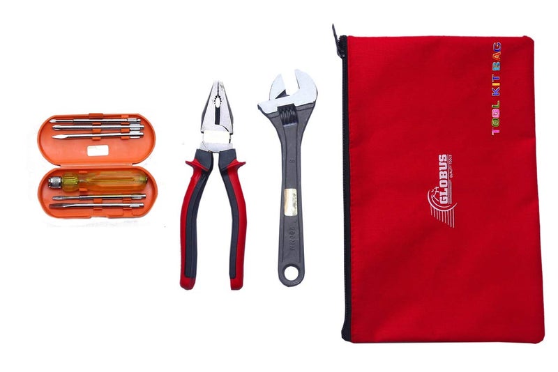GLOBUS 809 Steel Hand Tool Set/3 PCS (8" Adjustable Wrench Black, 8" PLIER RED and Black, Screwdriver Set/6 PCS with Tool KIT Bag.) - Image 1