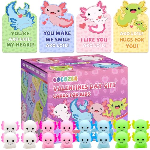 Gocozer 28Pack Axolotl Valentines Cards for Kids Classroom Axolotl Squishies Mochi Valentine Gifts for Kids Class Animal Mochi Squishy to Squeeze Toys for School Valentines Day Exchange Gifts Party Favors - Image 1