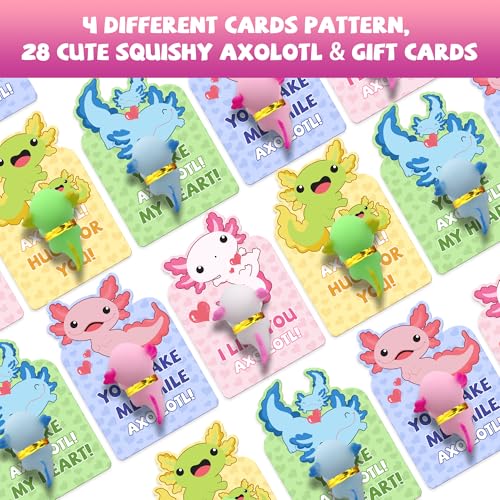 Gocozer 28Pack Axolotl Valentines Cards for Kids Classroom Axolotl Squishies Mochi Valentine Gifts for Kids Class Animal Mochi Squishy to Squeeze Toys for School Valentines Day Exchange Gifts Party Favors - Image 5
