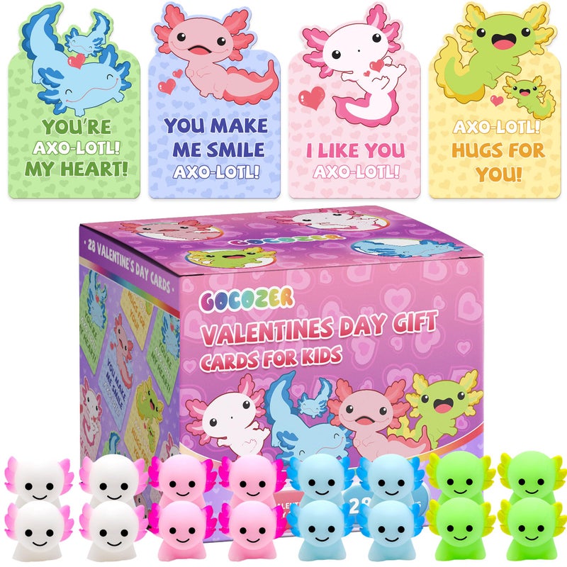 Gocozer 28Pack Axolotl Valentines Cards for Kids Classroom Axolotl Squishies Mochi Valentine Gifts for Kids Class Animal Mochi Squishy to Squeeze Toys for School Valentines Day Exchange Gifts Party Favors - Image 3