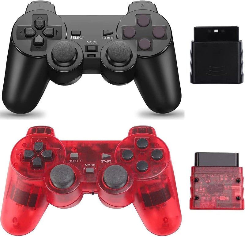 Burcica Wireless Controller for PS-2 Play 2 Double Vibration 2 - Black and ClearRed - Image 1