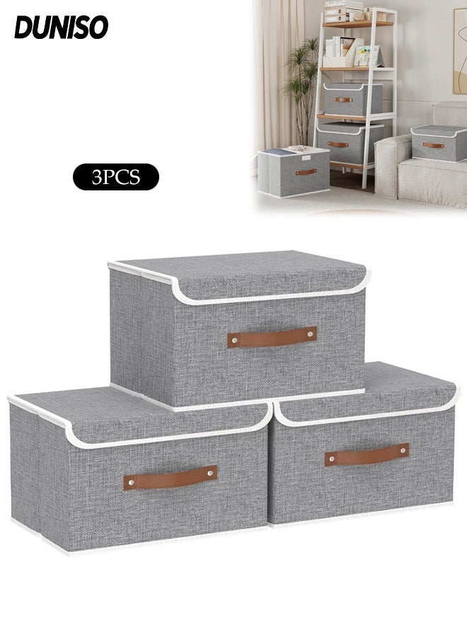 DUNISO Storage Boxes, Set of 3 Grey Collapsible Storage Bins Fabric Organizer Cubes with Handles，Cube Clothes Organizer Basket ，Suitable for Shelves Closet and Home Organization - Image 1